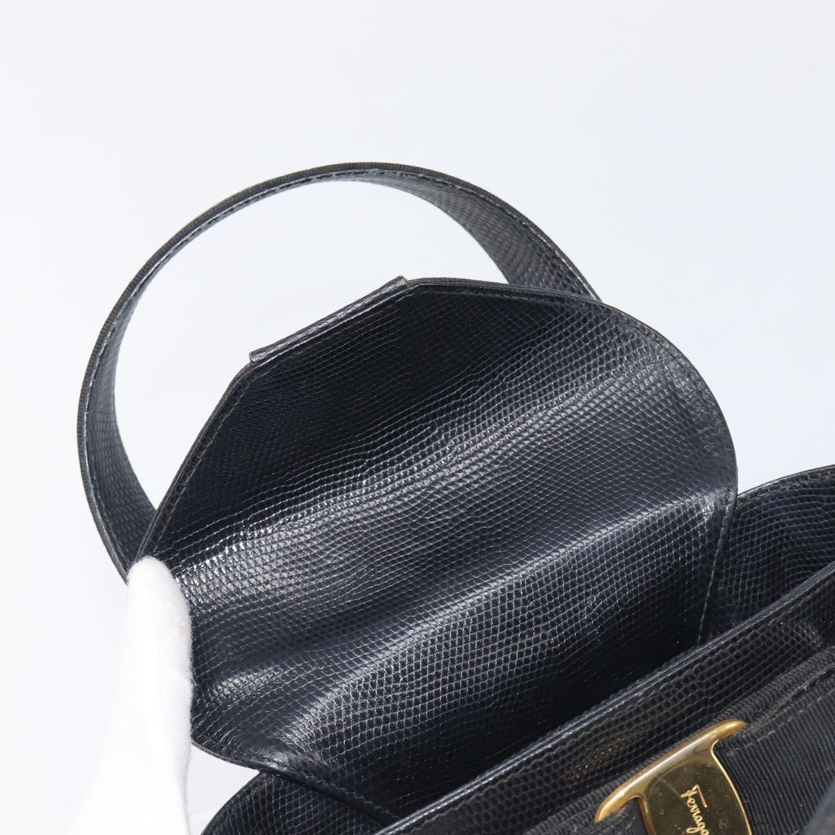 Salvatore Ferragamo Vala Hand Bag Leather Embossed Black Gold Auth 211974A