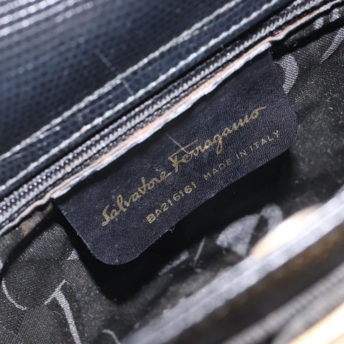 Salvatore Ferragamo Vala Hand Bag Leather Embossed Black Gold Auth 211974A