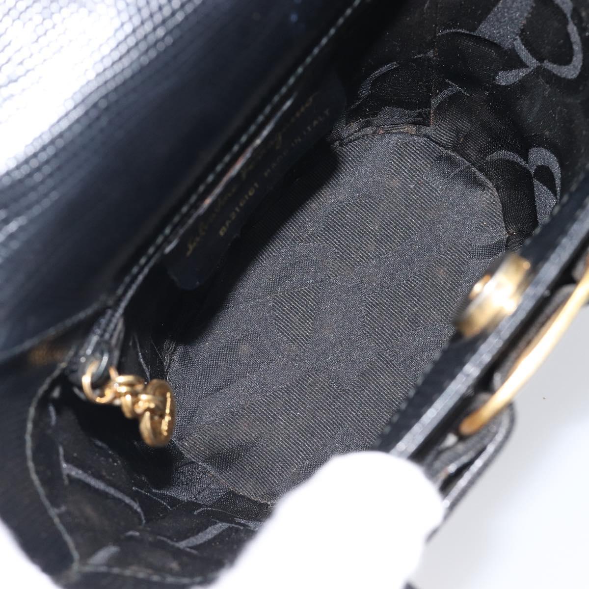 Salvatore Ferragamo Vala Hand Bag Leather Embossed Black Gold Auth 211974A