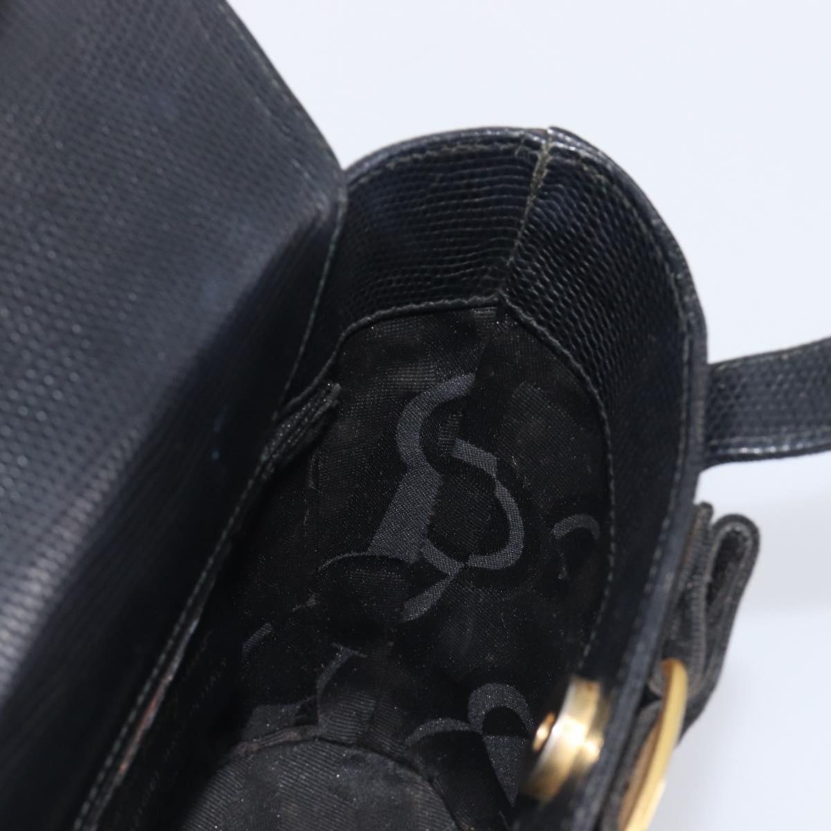 Salvatore Ferragamo Vala Hand Bag Leather Embossed Black Gold Auth 211974A