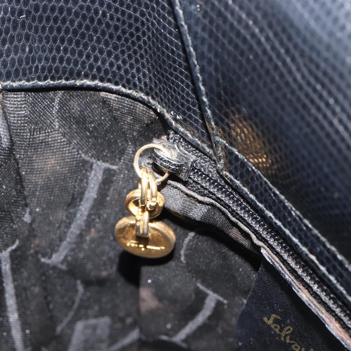 Salvatore Ferragamo Vala Hand Bag Leather Embossed Black Gold Auth 211974A