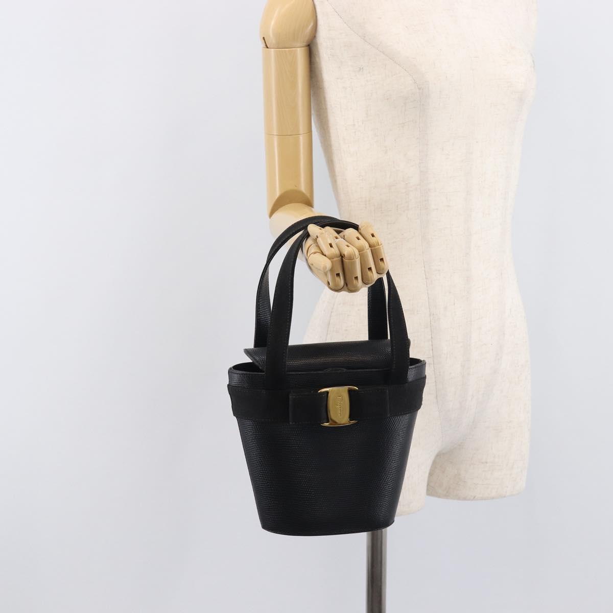 Salvatore Ferragamo Vala Hand Bag Leather Embossed Black Gold Auth 211974A