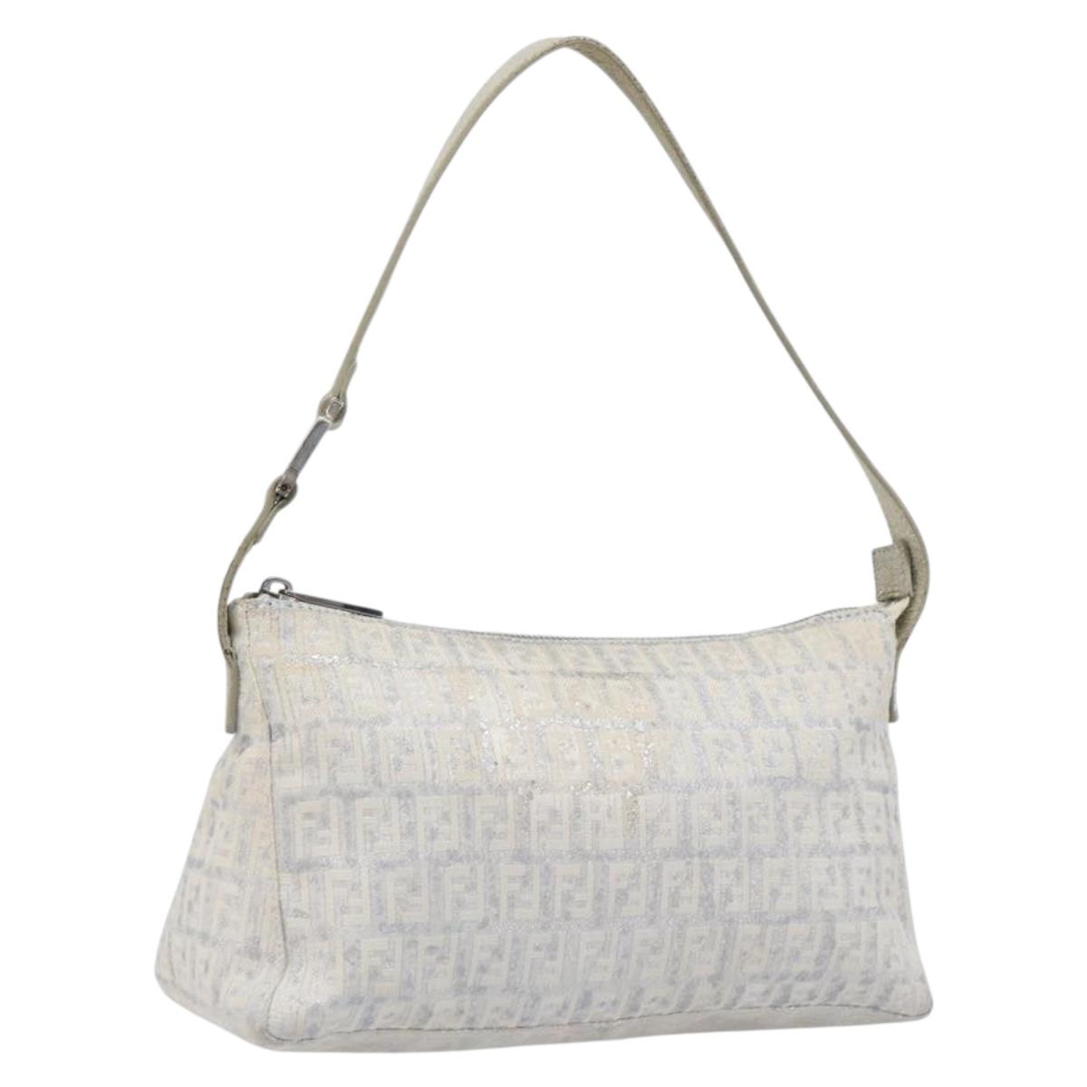 FENDI Zucchino Canvas Mamma Baguette Shoulder Bag Silver 8BR444 Auth 211977