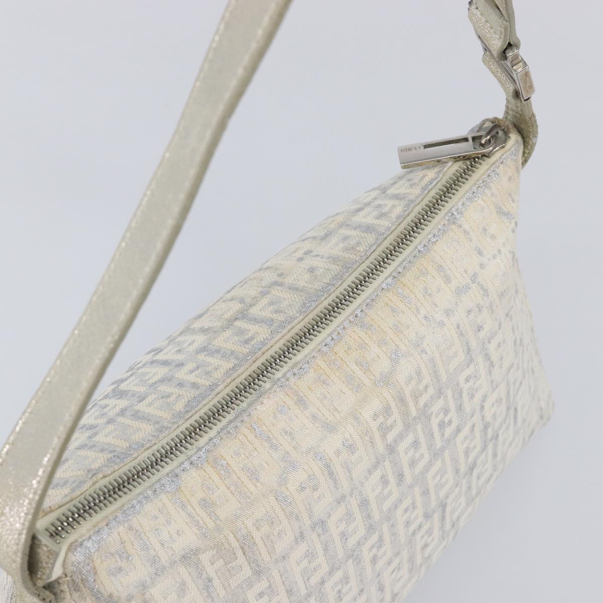 FENDI Zucchino Canvas Mamma Baguette Shoulder Bag Silver 8BR444 Auth 211977