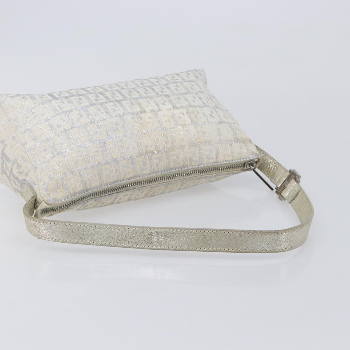 FENDI Zucchino Canvas Mamma Baguette Shoulder Bag Silver 8BR444 Auth 211977