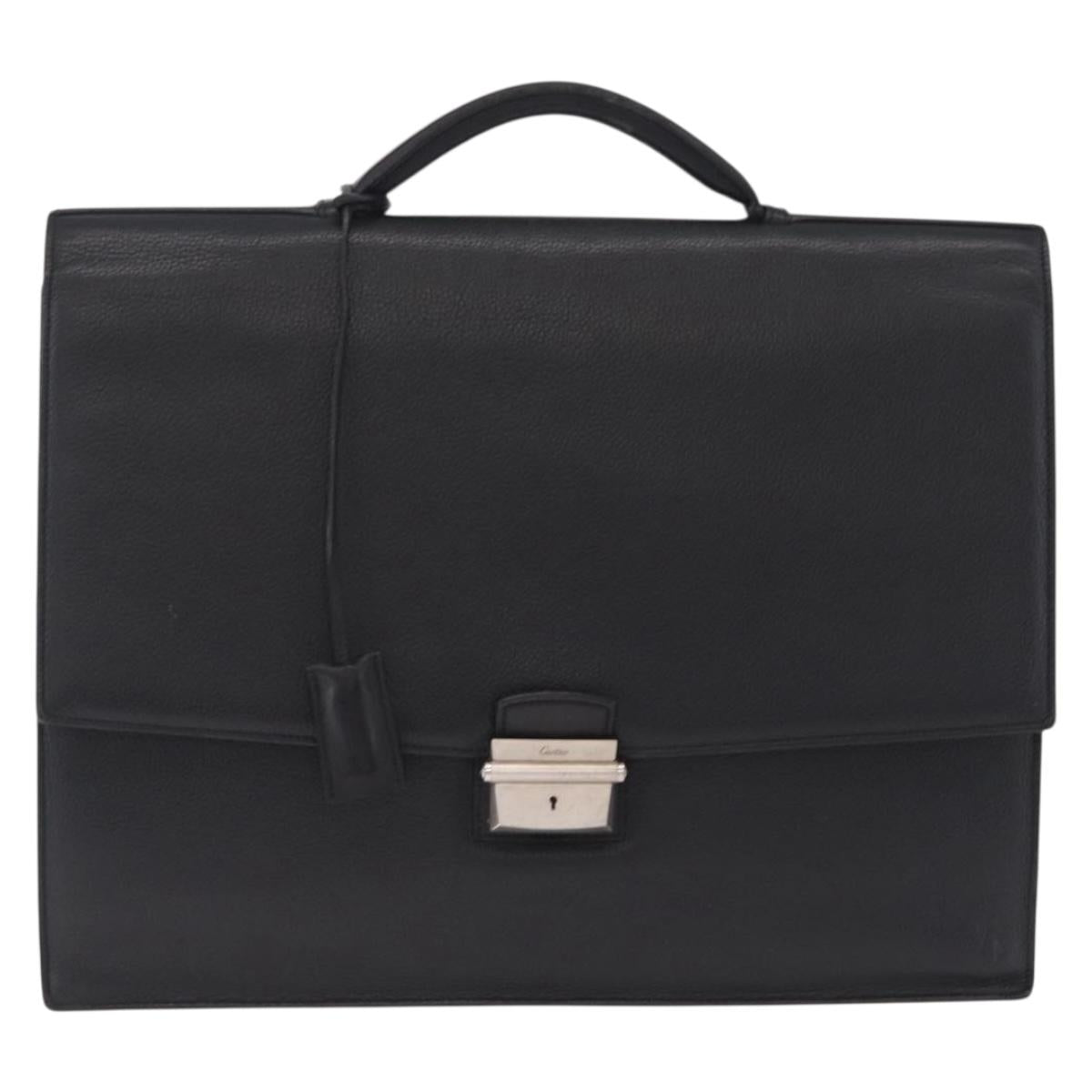 Cartier Business Bag Leather Black Silver Auth 211980A