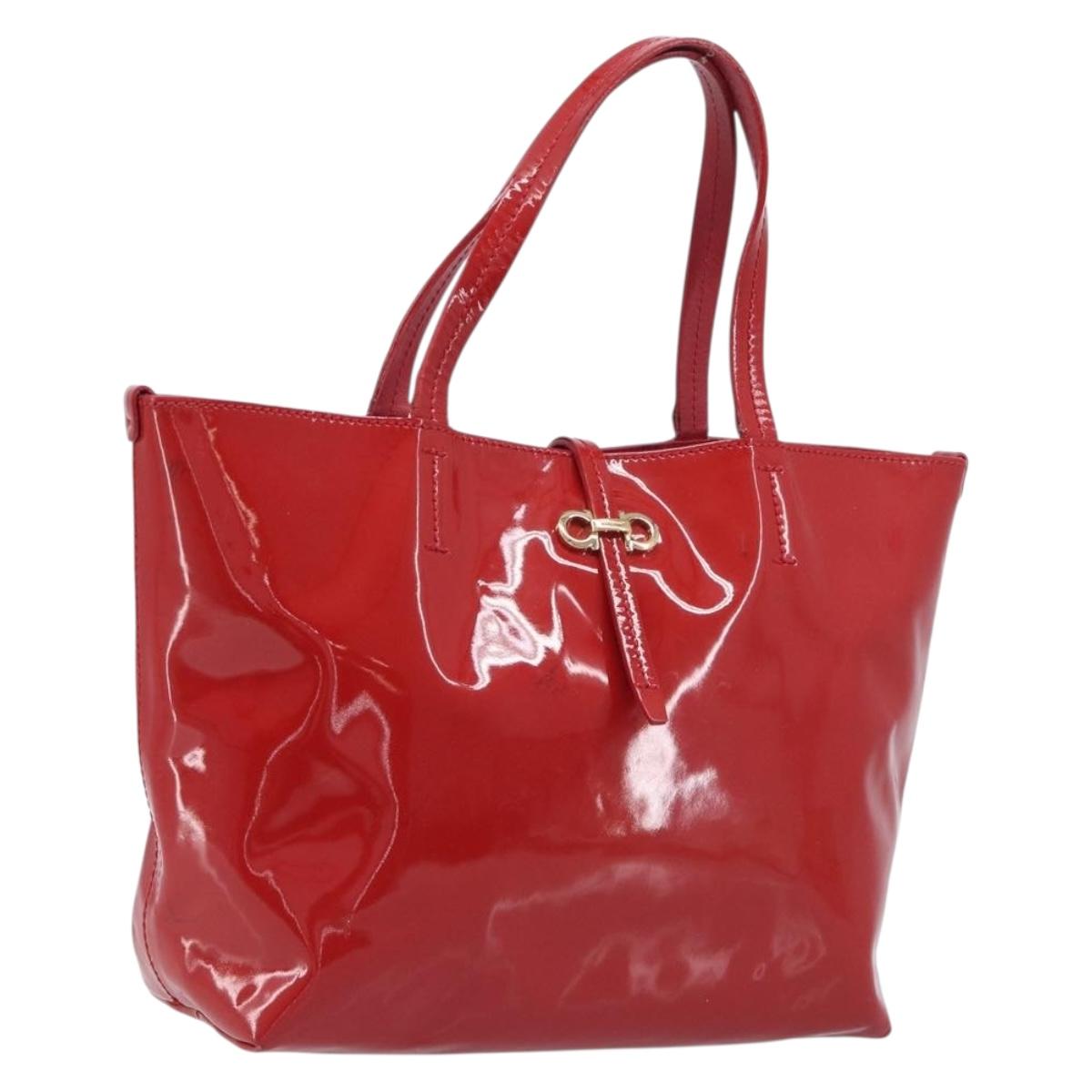 Salvatore Ferragamo Gancini Tote Bag Patent Leather Red Gold Auth 211993