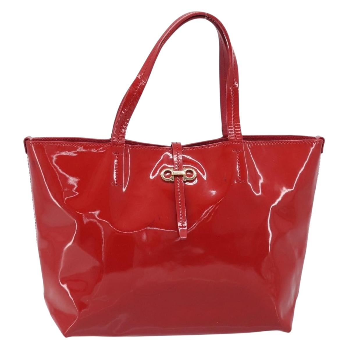 Salvatore Ferragamo Gancini Tote Bag Patent Leather Red Gold Auth 211993