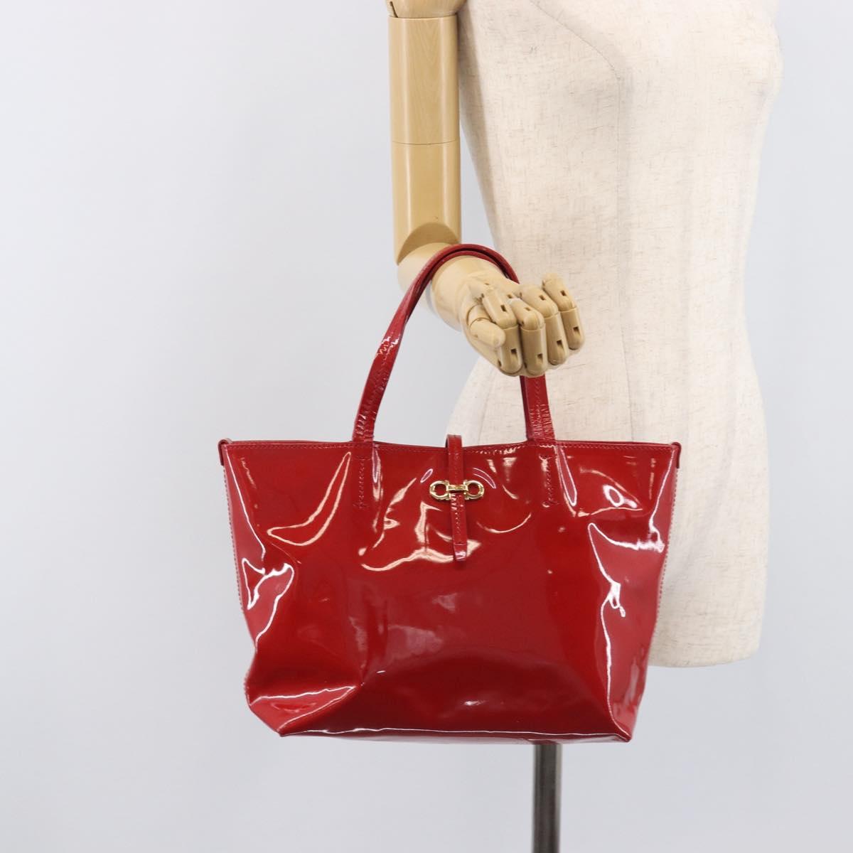 Salvatore Ferragamo Gancini Tote Bag Patent Leather Red Gold Auth 211993