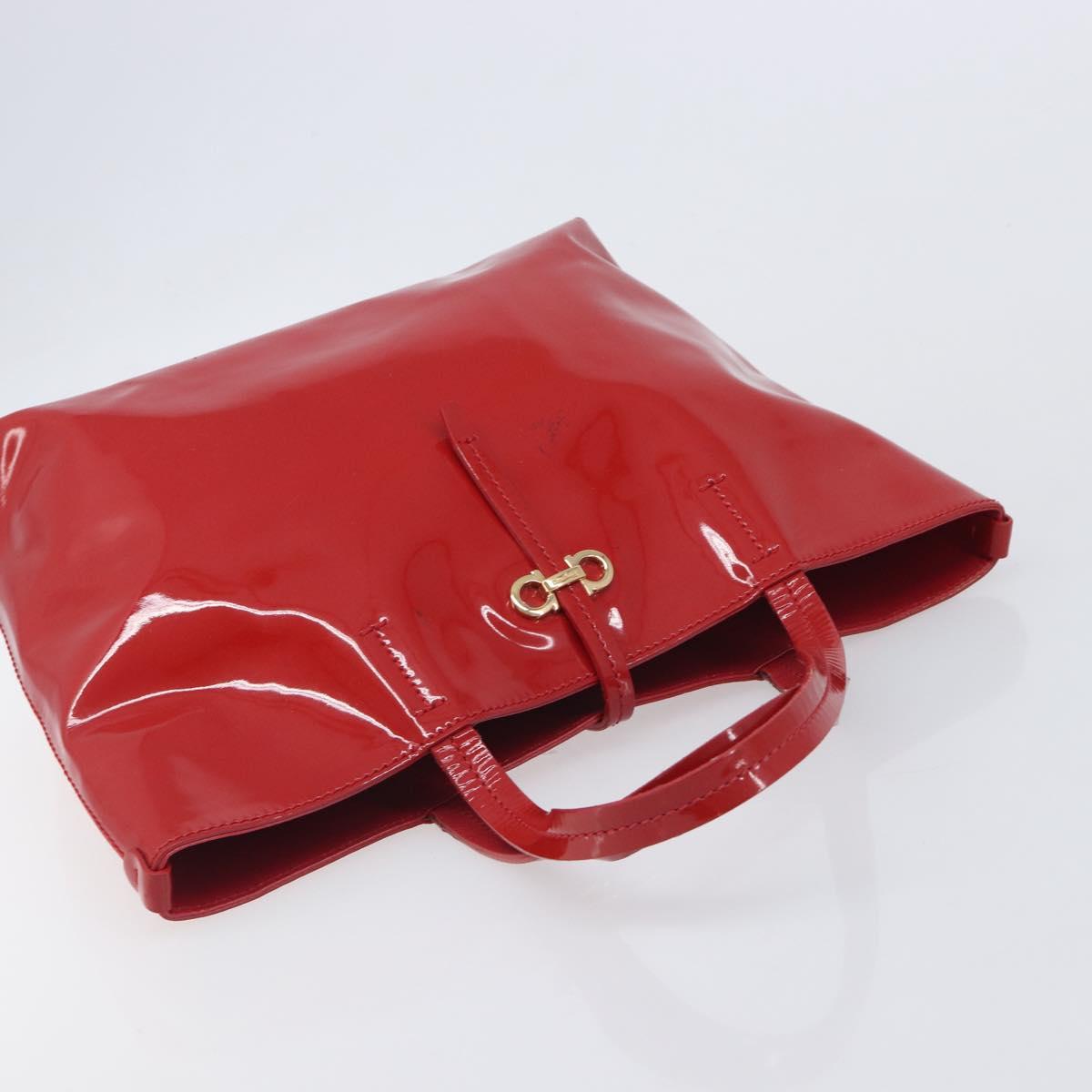 Salvatore Ferragamo Gancini Tote Bag Patent Leather Red Gold Auth 211993