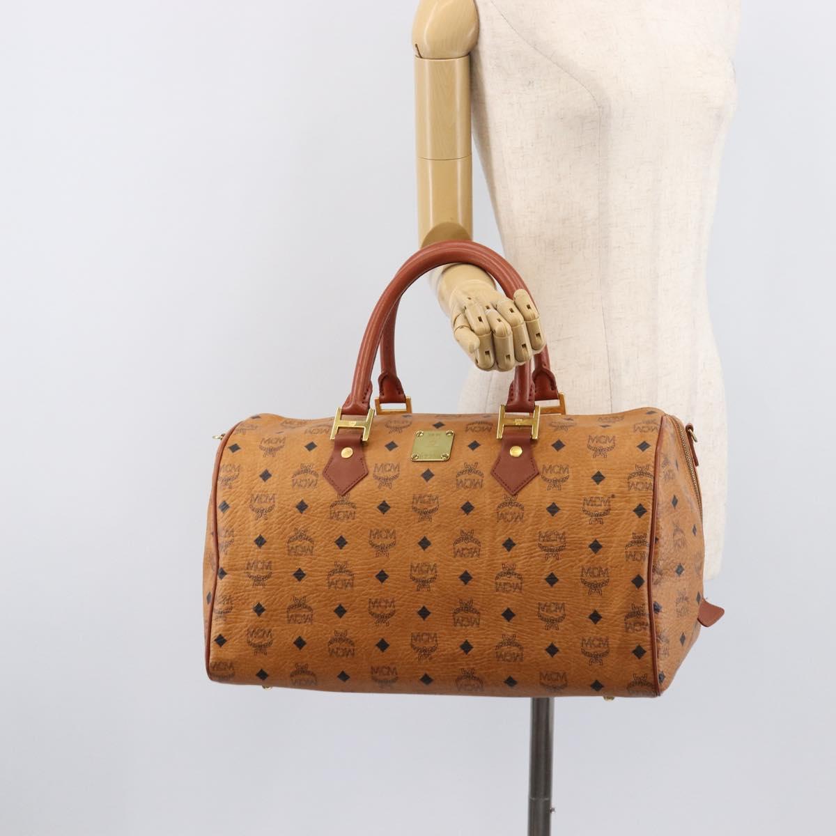 MCM Logogram Vicetos Boston Bag PVC Leather Brown Gold Auth 212001A