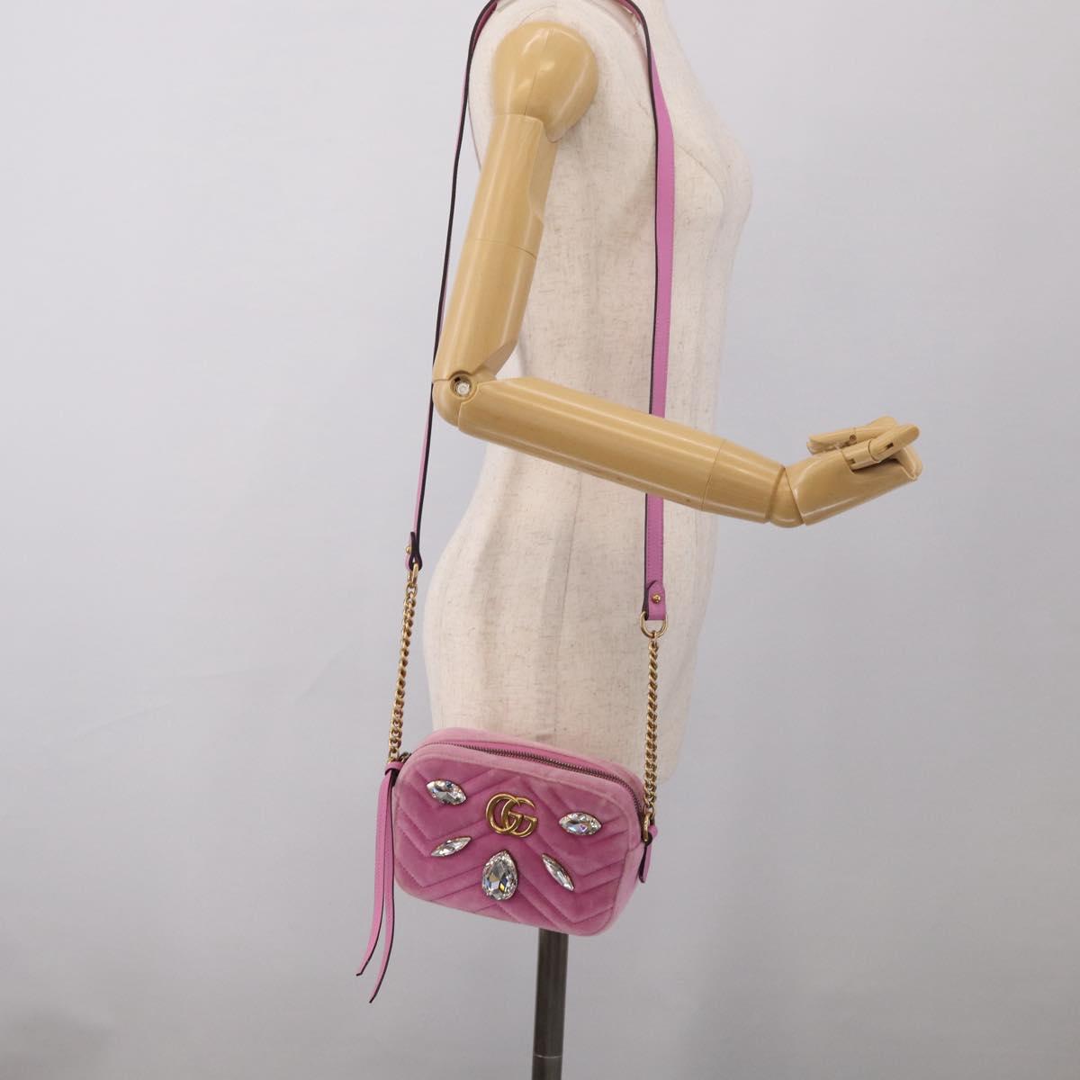 GUCCI GG Marmont Crystal Chain Shoulder Bag Velor Pink Gold 448065 Auth 212011V