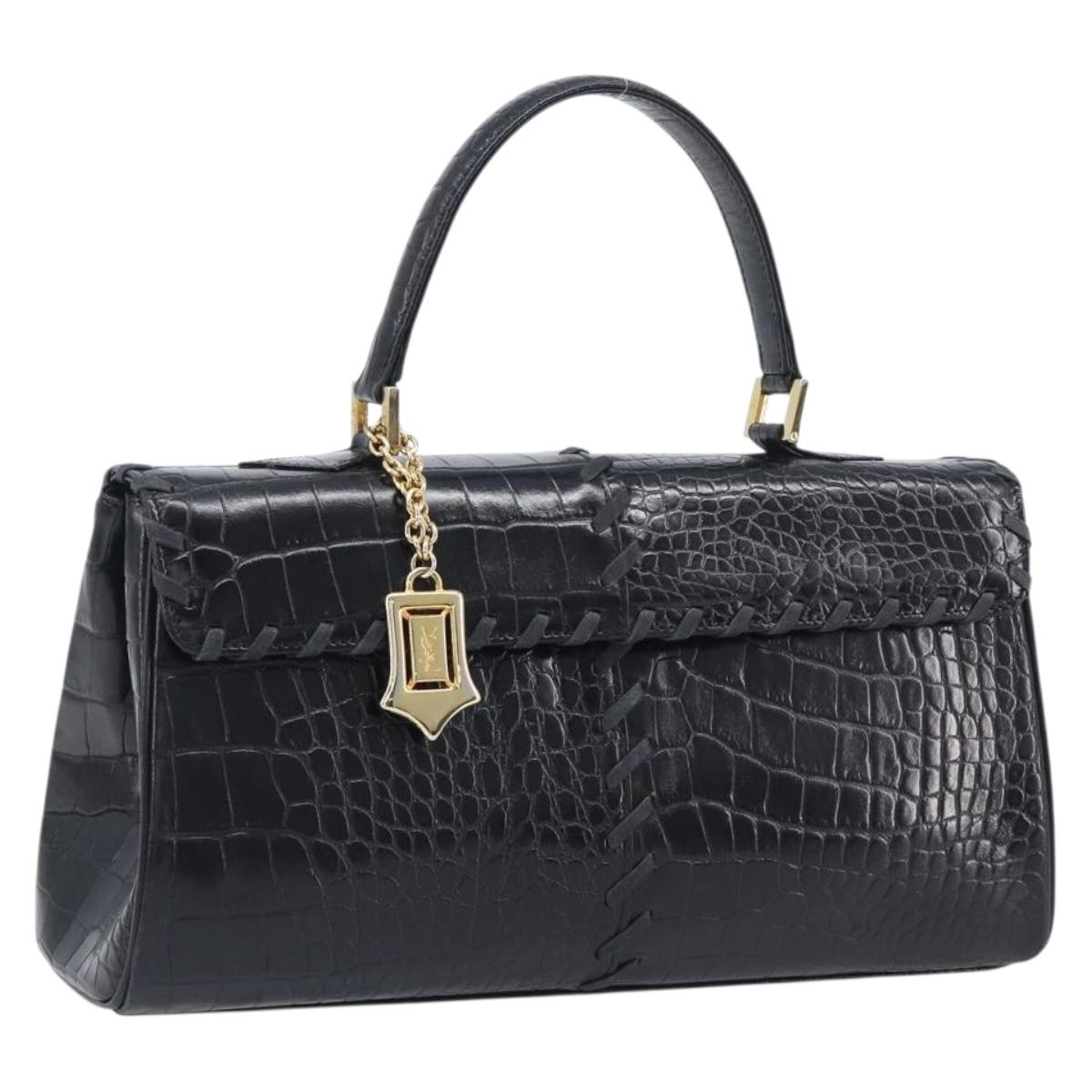 Saint Laurent Hand Bag Embossed Leather Black Gold Auth 212012V