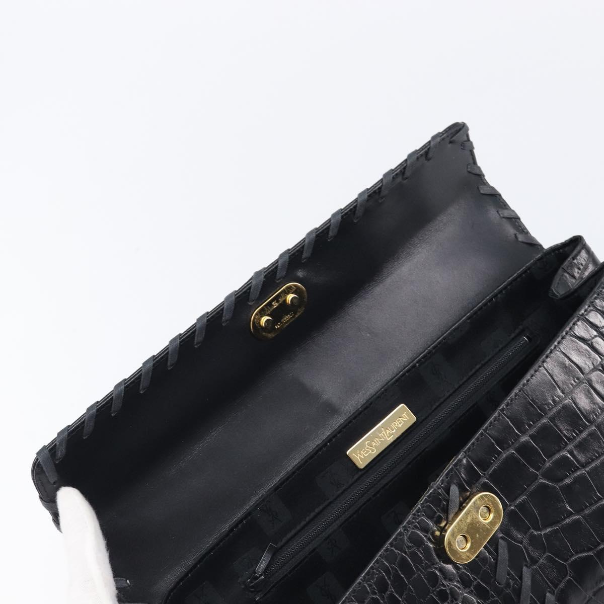 Saint Laurent Hand Bag Embossed Leather Black Gold Auth 212012V