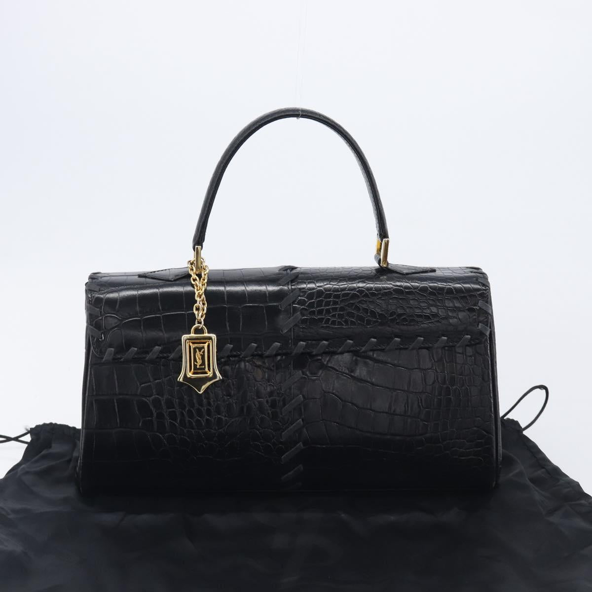 Saint Laurent Hand Bag Embossed Leather Black Gold Auth 212012V