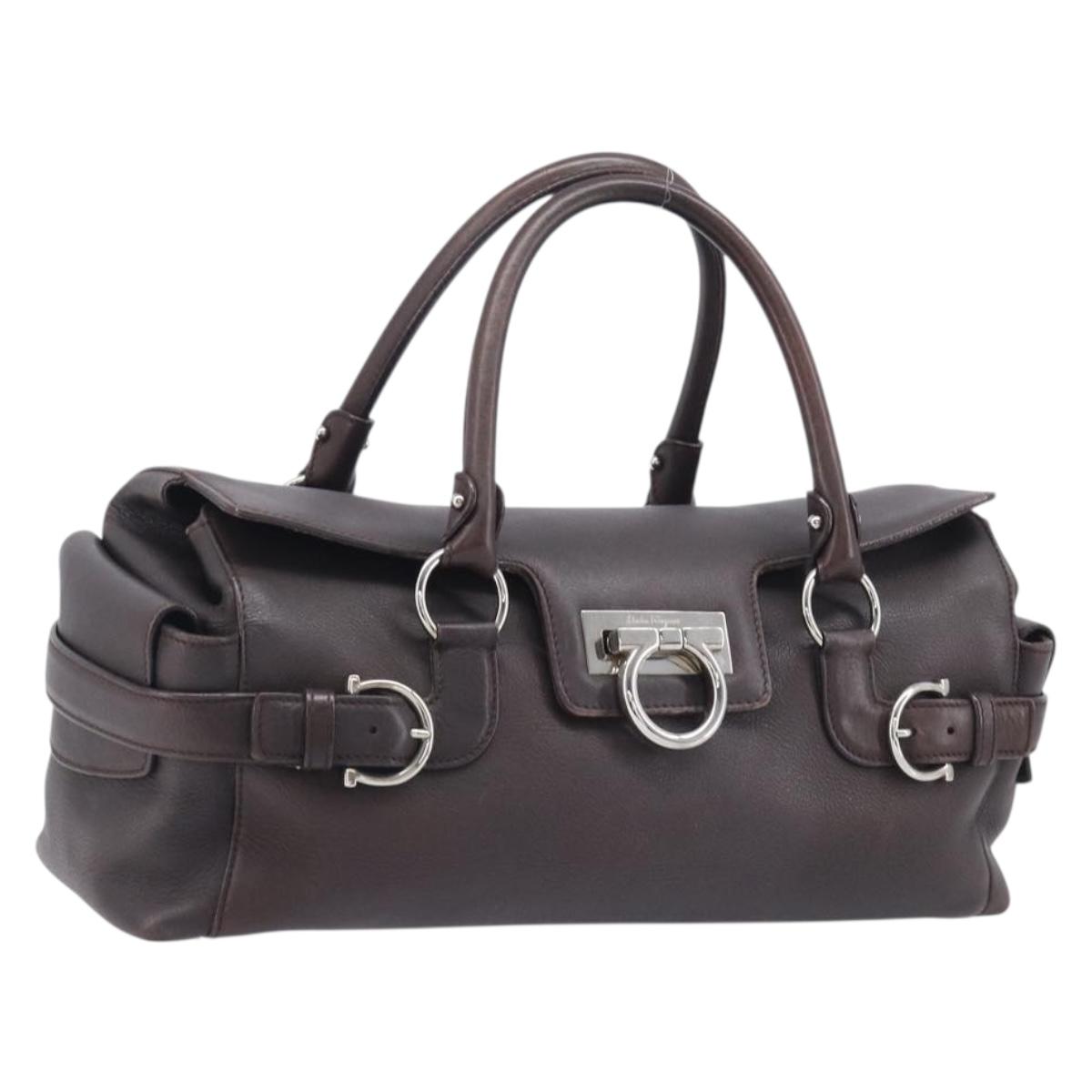 Salvatore Ferragamo Gancini Hand Bag Leather Brown Silver Auth 212013
