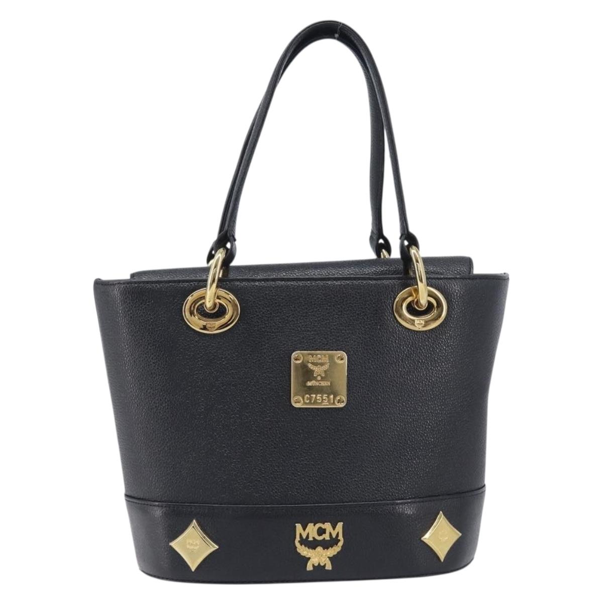 MCM Hand Bag Leather Black Gold Auth 212043