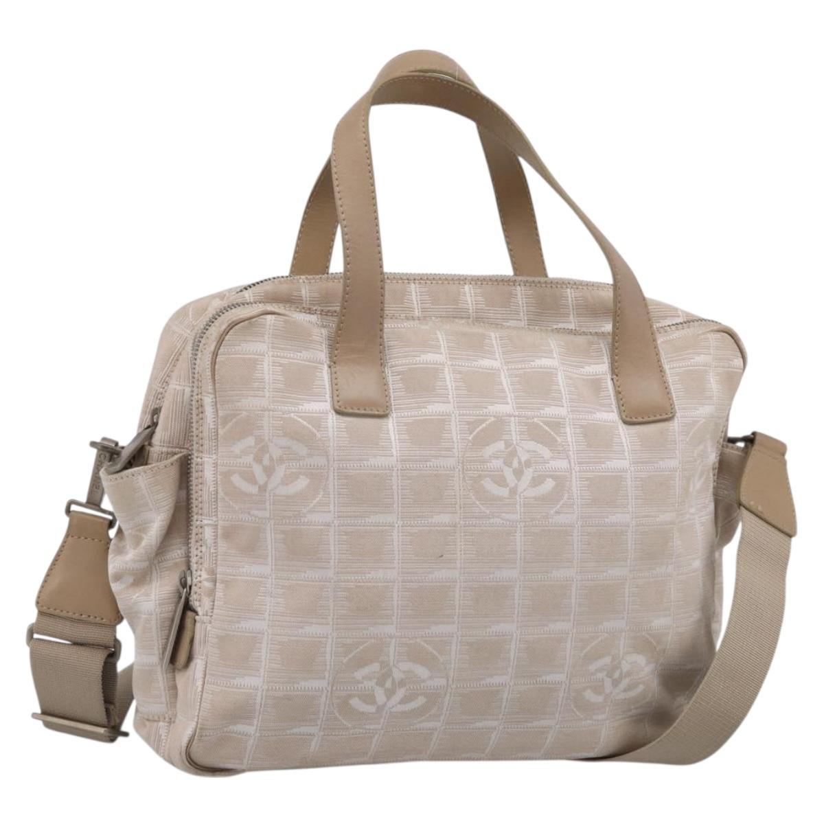 CHANEL New Travel Line Hand Bag Canvas 2way Beige Silver CC Auth 212044A