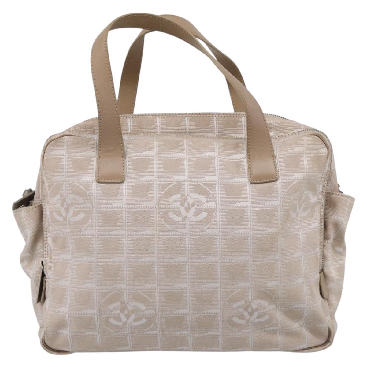 CHANEL New Travel Line Hand Bag Canvas 2way Beige Silver CC Auth 212044A