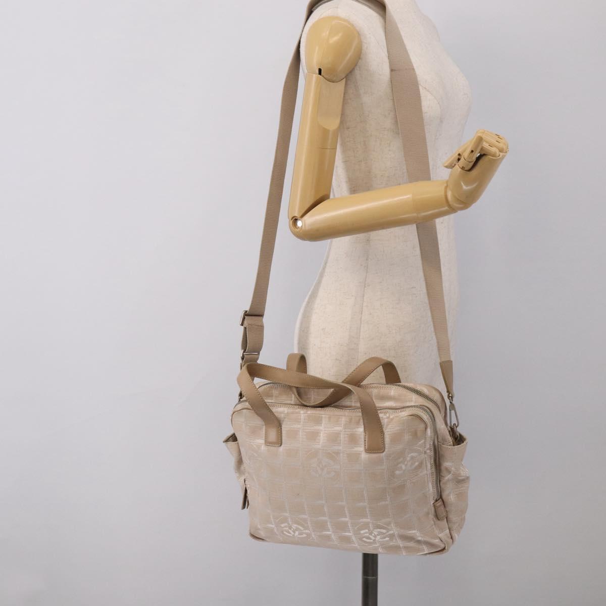 CHANEL New Travel Line Hand Bag Canvas 2way Beige Silver CC Auth 212044A
