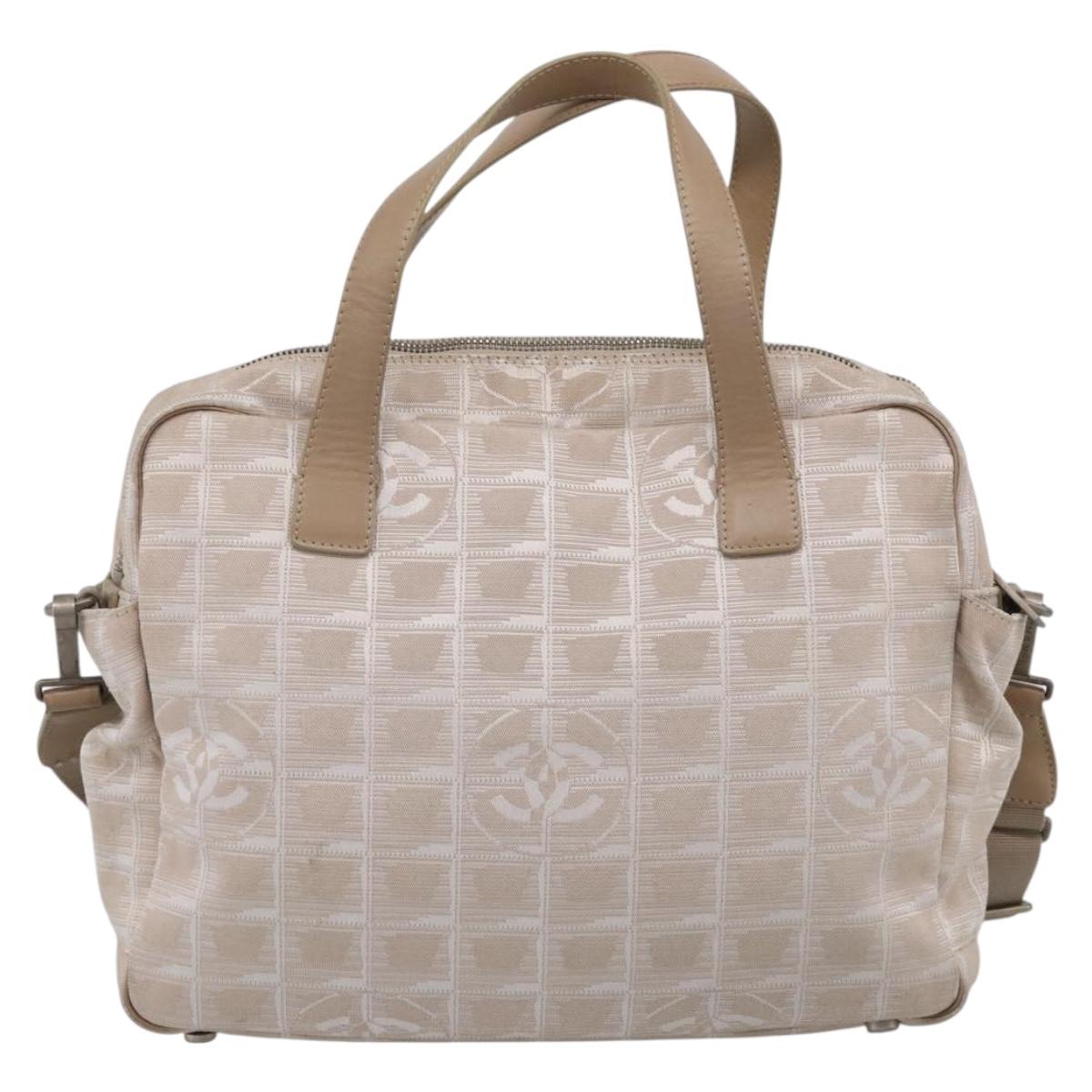 CHANEL New Travel Line Hand Bag Canvas 2way Beige Silver CC Auth 212044A
