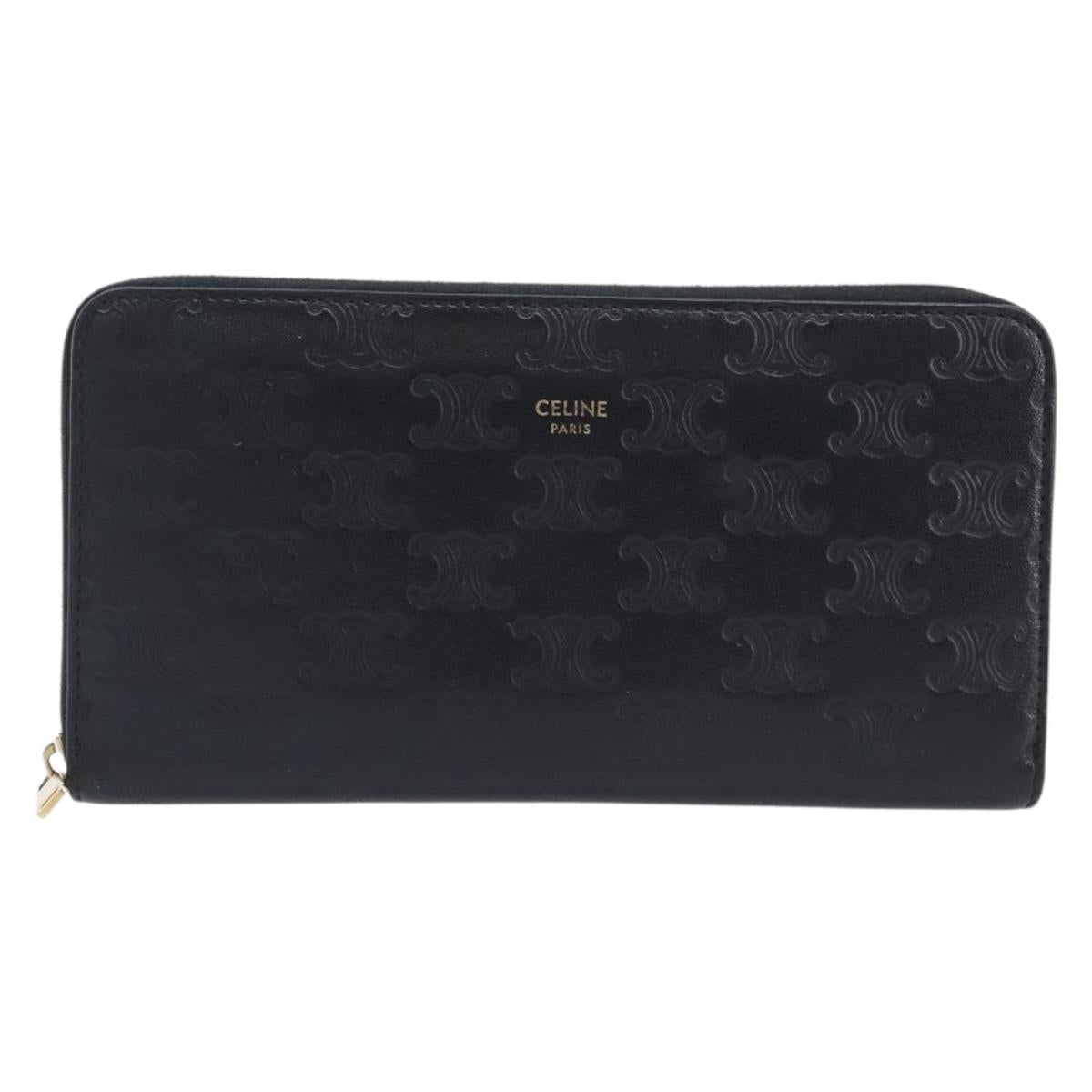 CELINE Triomphe Long Wallet Leather Black Gold Auth 212057M