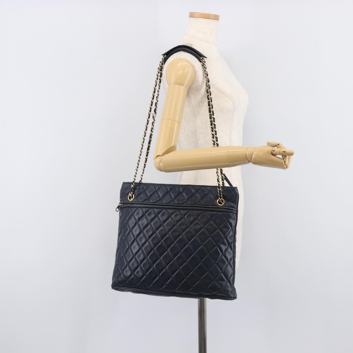 CHANEL Matelasse Chain Shoulder Bag Lamb Skin Navy Gold CC Auth 212060