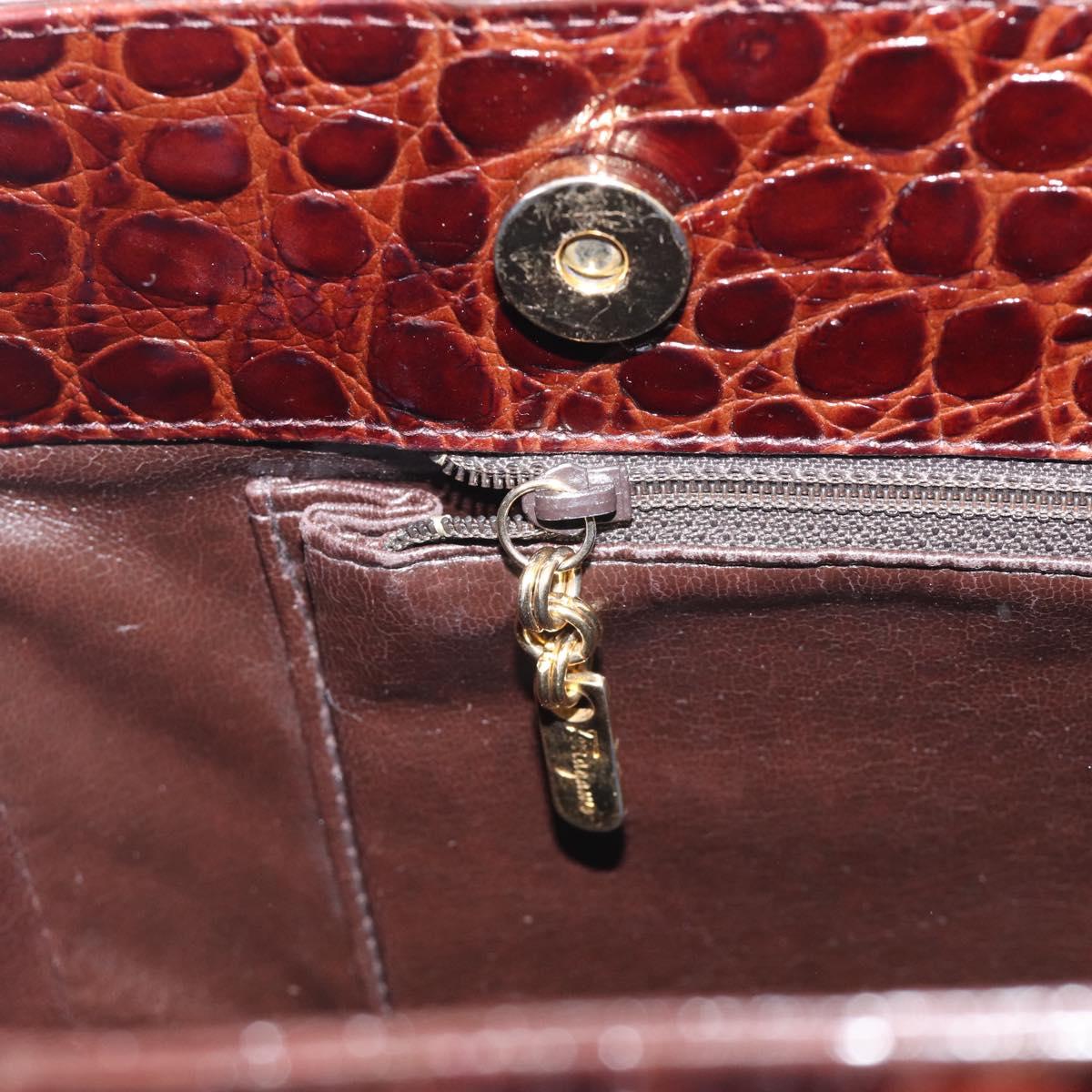 Salvatore Ferragamo Vala Tote Bag Croco Embossing Brown Gold Auth 212061A