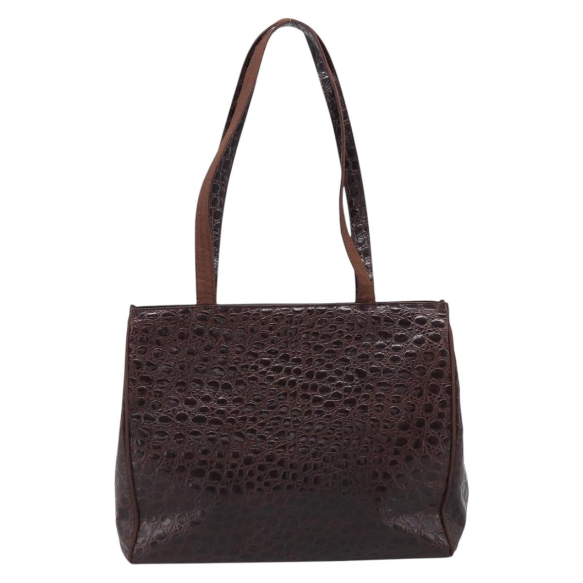 Salvatore Ferragamo Vala Tote Bag Croco Embossing Brown Gold Auth 212061A