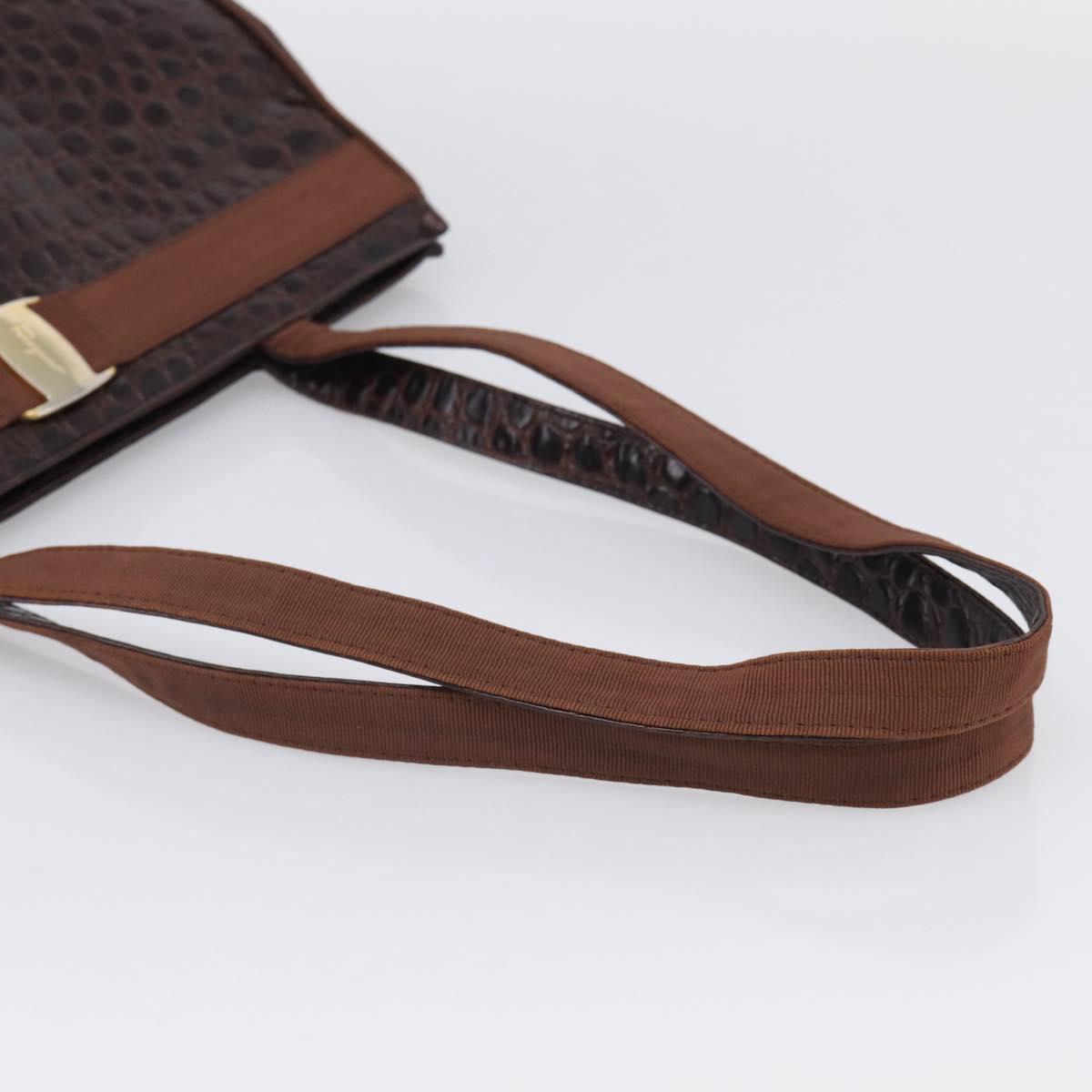 Salvatore Ferragamo Vala Tote Bag Croco Embossing Brown Gold Auth 212061A