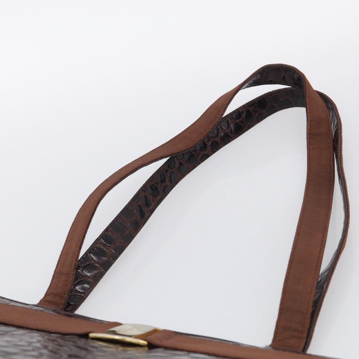 Salvatore Ferragamo Vala Tote Bag Croco Embossing Brown Gold Auth 212061A