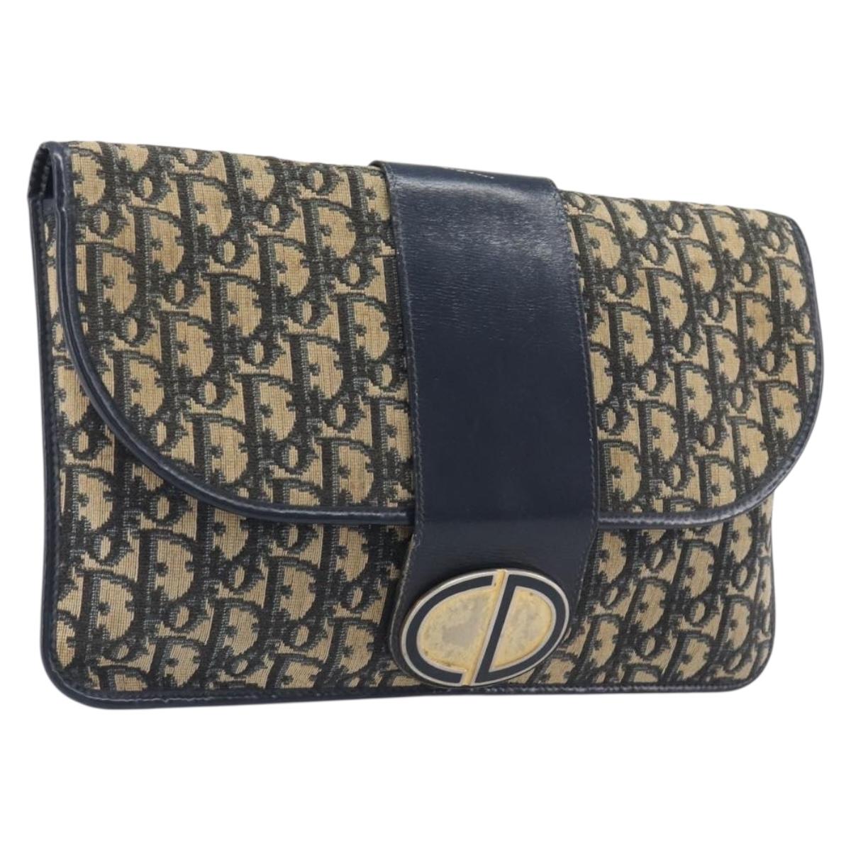 Christian Dior Trotter Canvas Clutch Bag Navy Gold Auth 212080