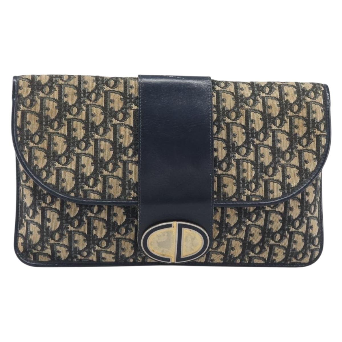 Christian Dior Trotter Canvas Clutch Bag Navy Gold Auth 212080