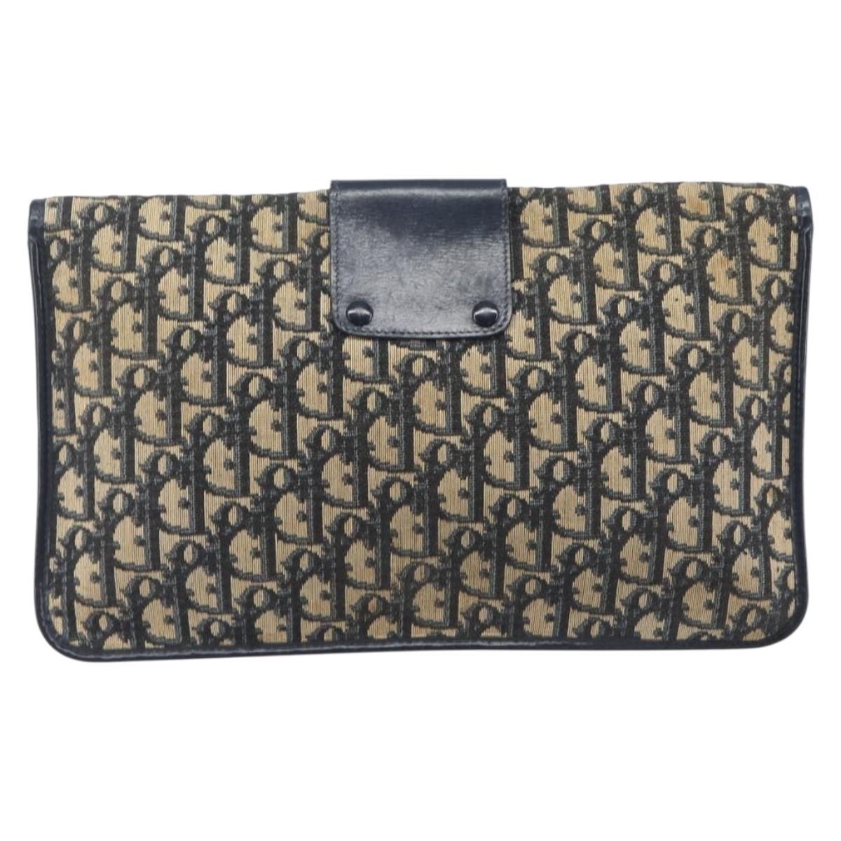 Christian Dior Trotter Canvas Clutch Bag Navy Gold Auth 212080