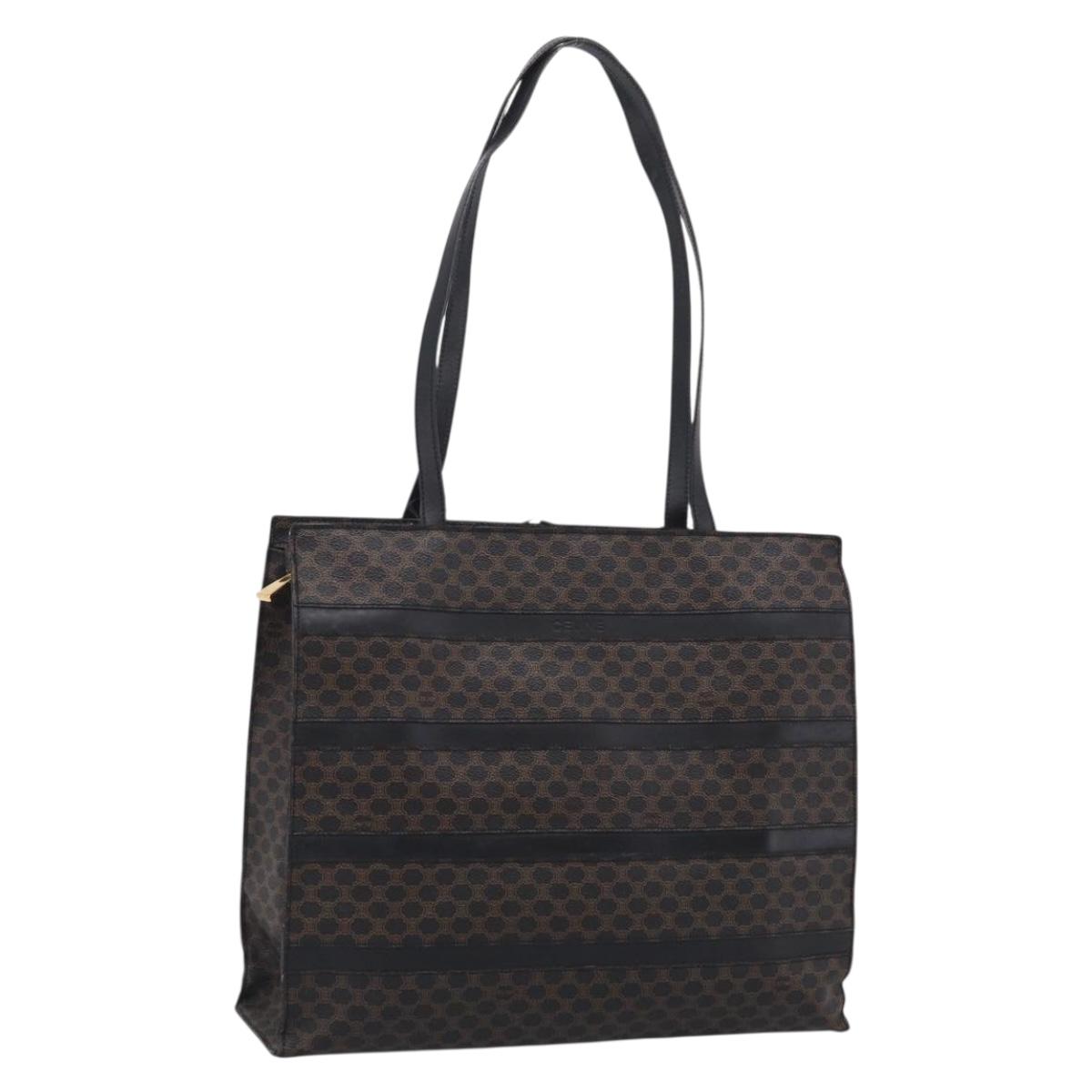 CELINE Macadam Canvas Shoulder Bag PVC Leather Black Gold Auth 212082