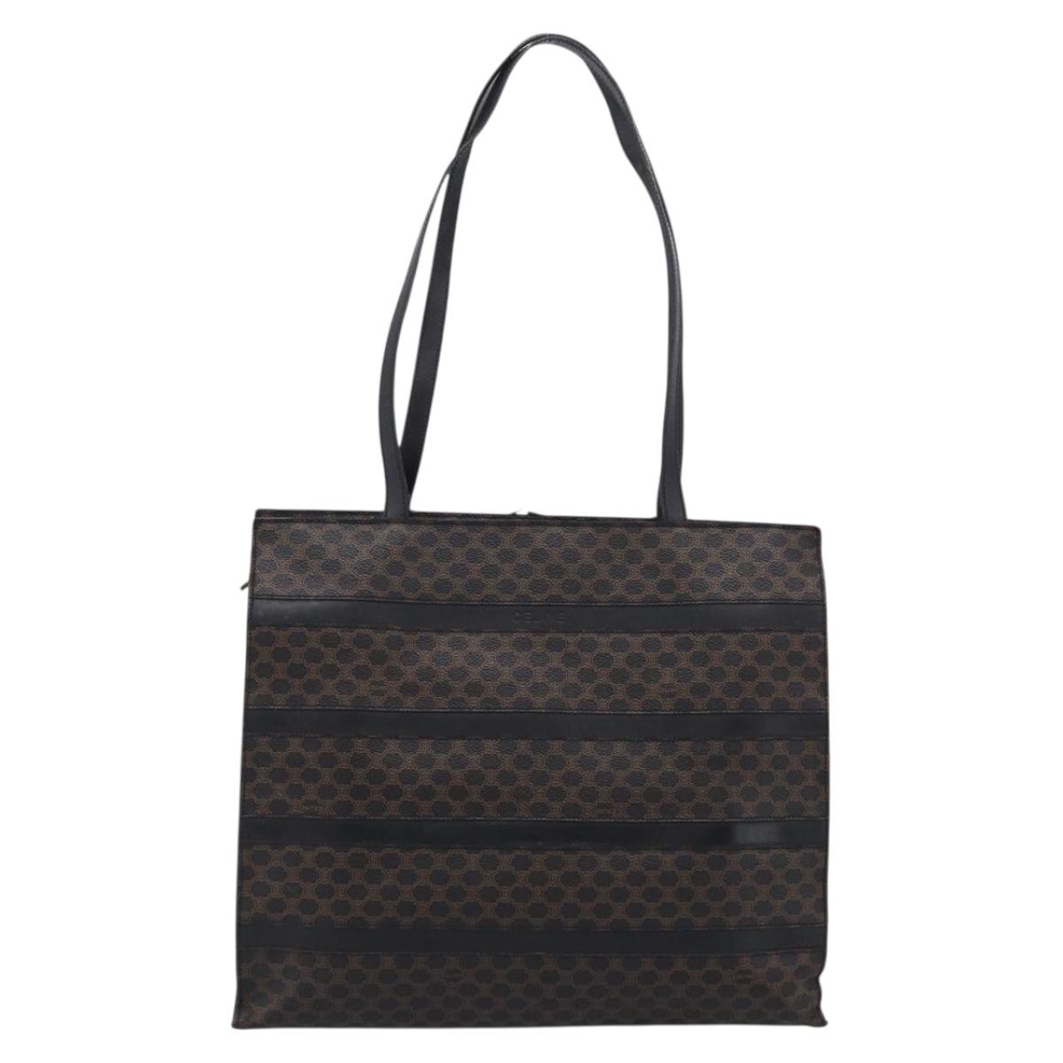 CELINE Macadam Canvas Shoulder Bag PVC Leather Black Gold Auth 212082