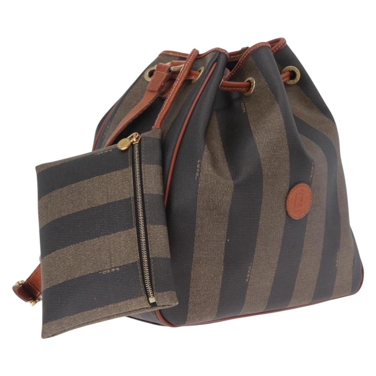 FENDI Pequin Canvas Shoulder Bag PVC Black Brown Auth 212097