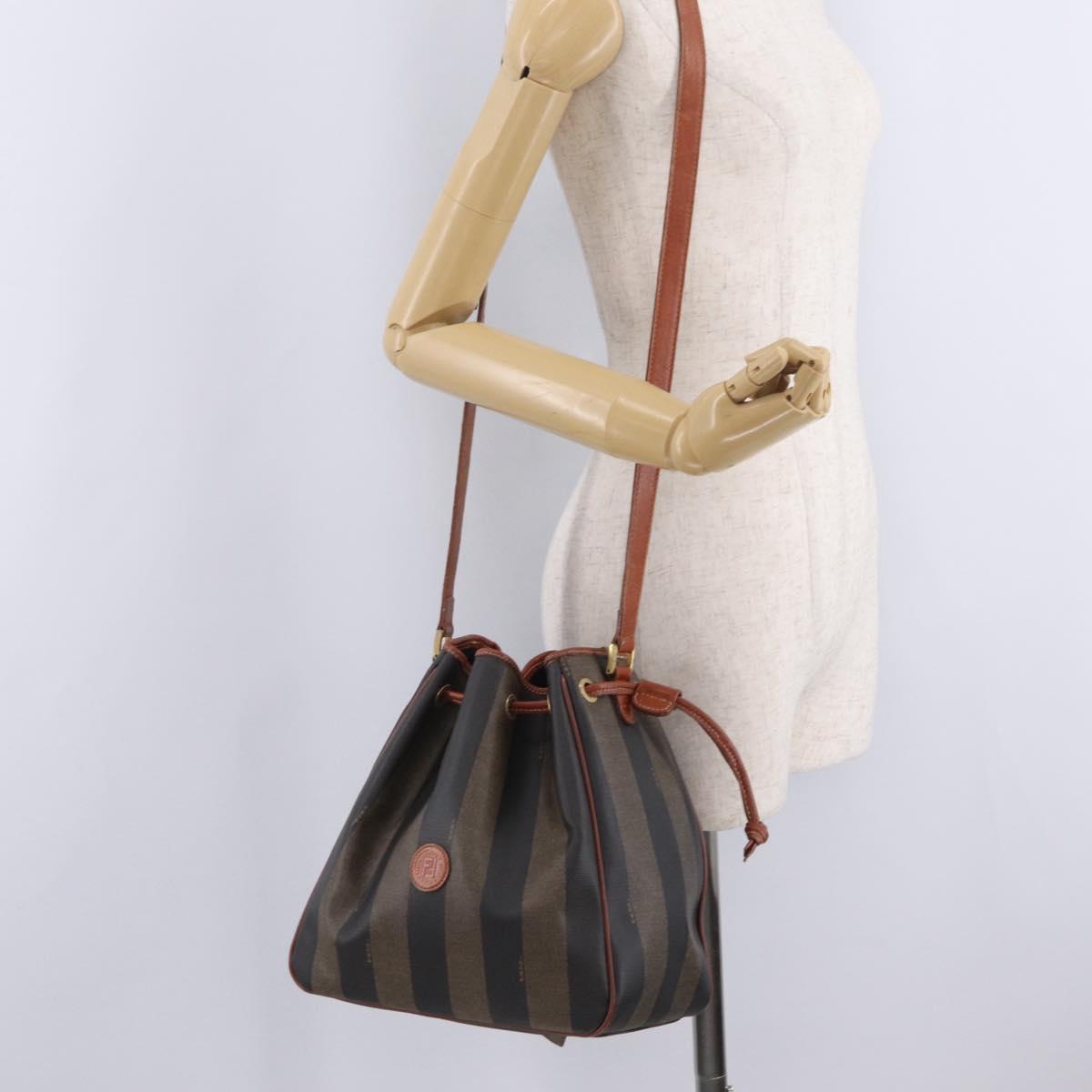 FENDI Pequin Canvas Shoulder Bag PVC Black Brown Auth 212097