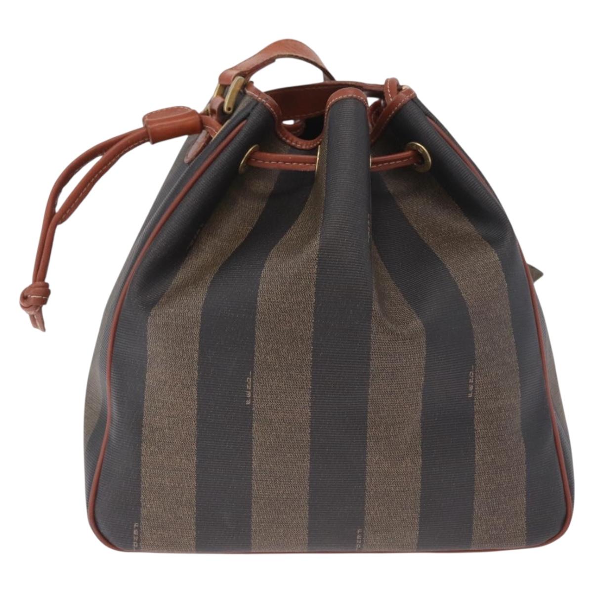 FENDI Pequin Canvas Shoulder Bag PVC Black Brown Auth 212097