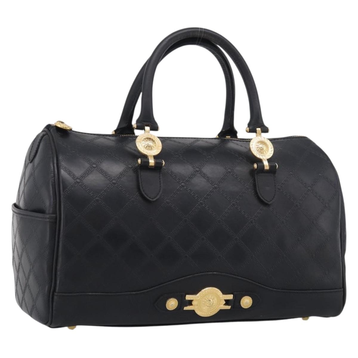 Gianni Versace Boston Bag Leather Black Gold Auth 212101