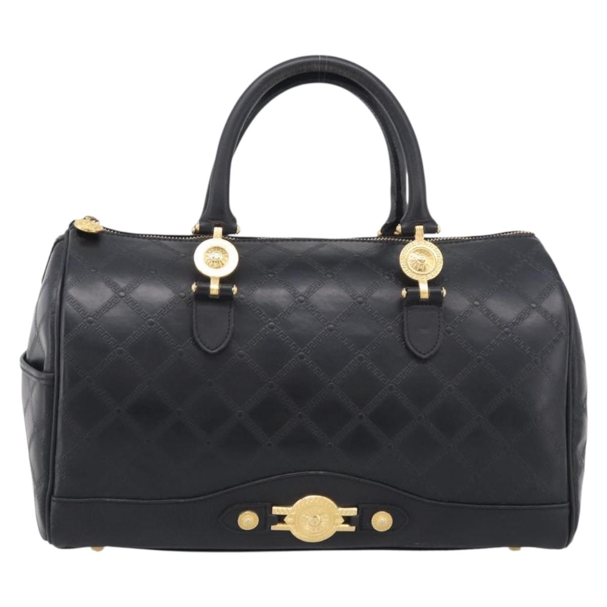 Gianni Versace Boston Bag Leather Black Gold Auth 212101