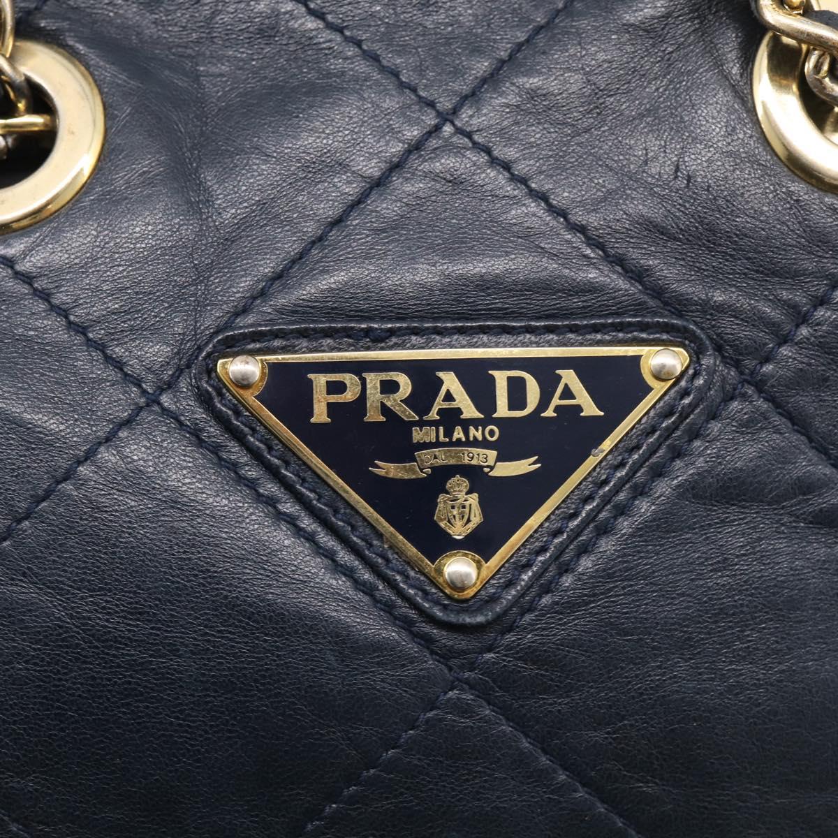 PRADA Chain Shoulder Bag Leather Navy Gold Auth 212105