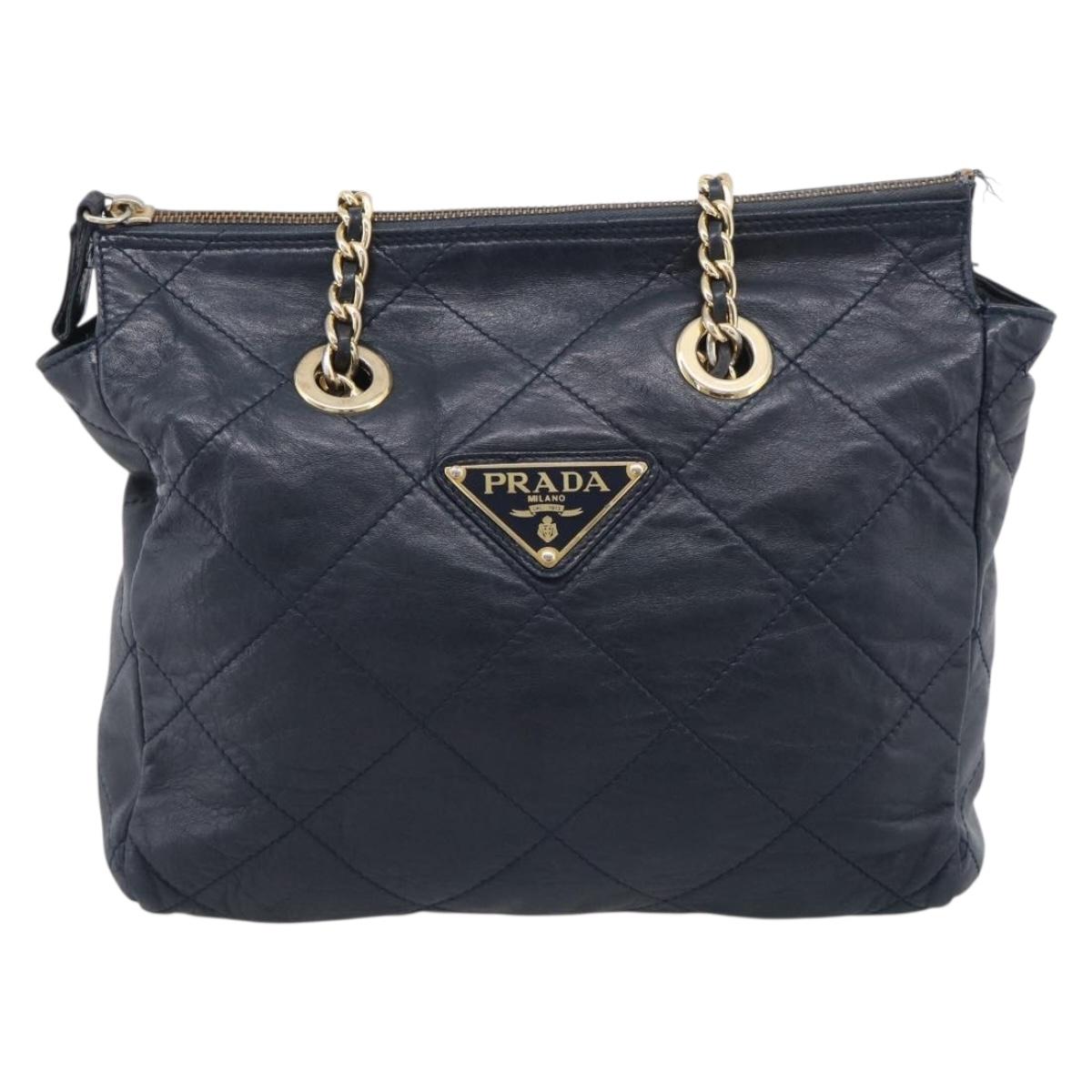 PRADA Chain Shoulder Bag Leather Navy Gold Auth 212105
