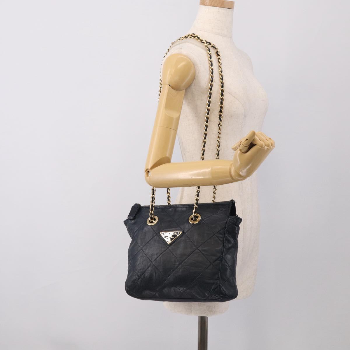 PRADA Chain Shoulder Bag Leather Navy Gold Auth 212105
