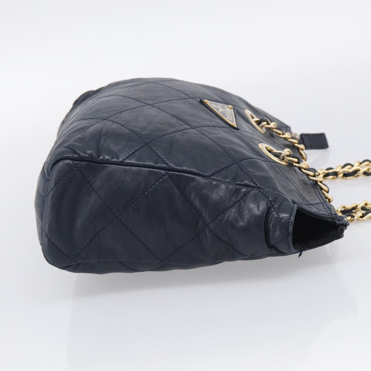 PRADA Chain Shoulder Bag Leather Navy Gold Auth 212105