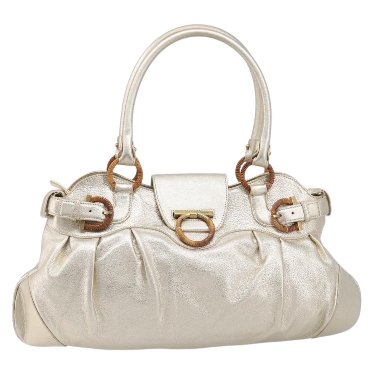 Salvatore Ferragamo Gancini Hand Bag Leather Gold Auth 212110A