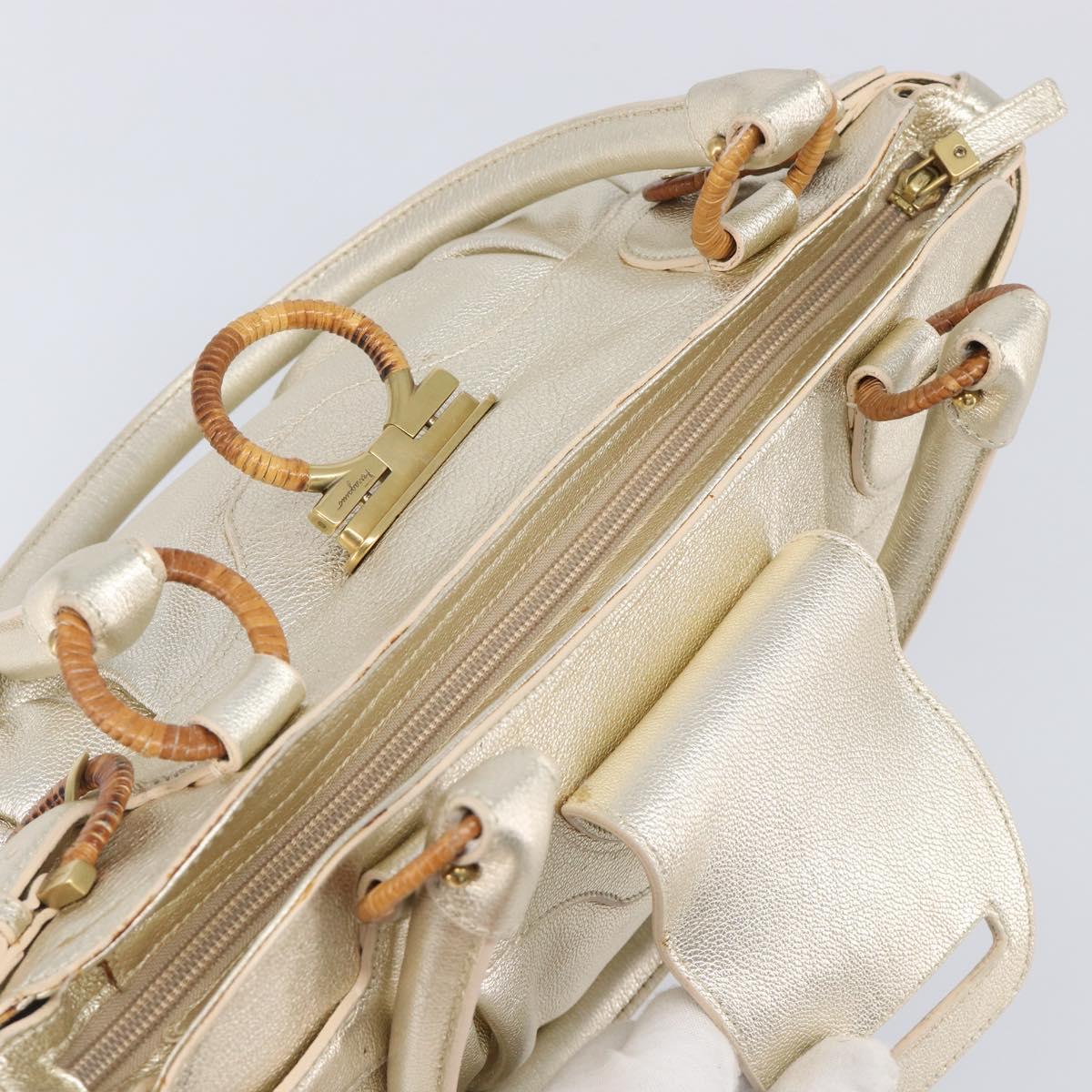 Salvatore Ferragamo Gancini Hand Bag Leather Gold Auth 212110A
