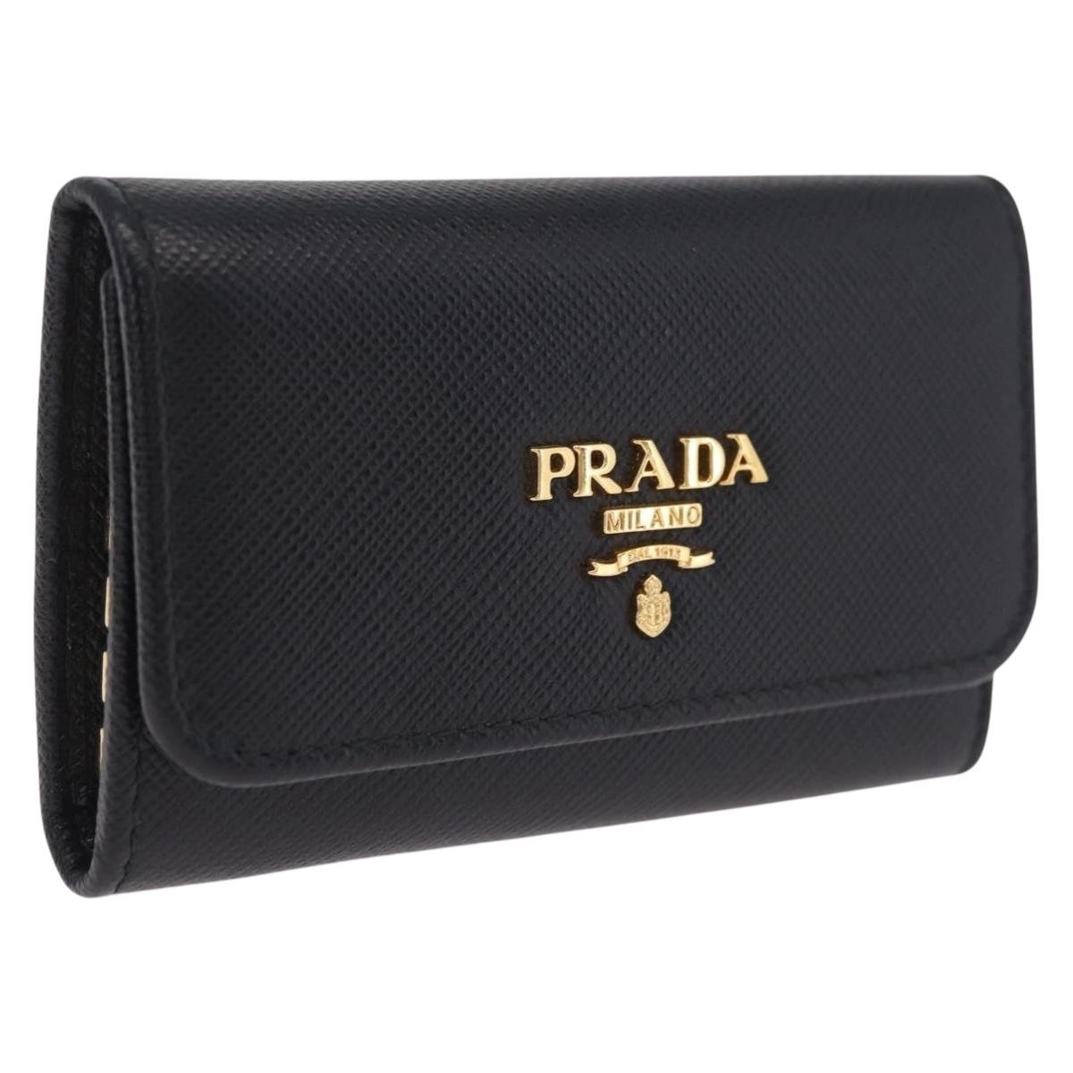 PRADA Key Case Safiano Leather Black Gold Auth 212121M