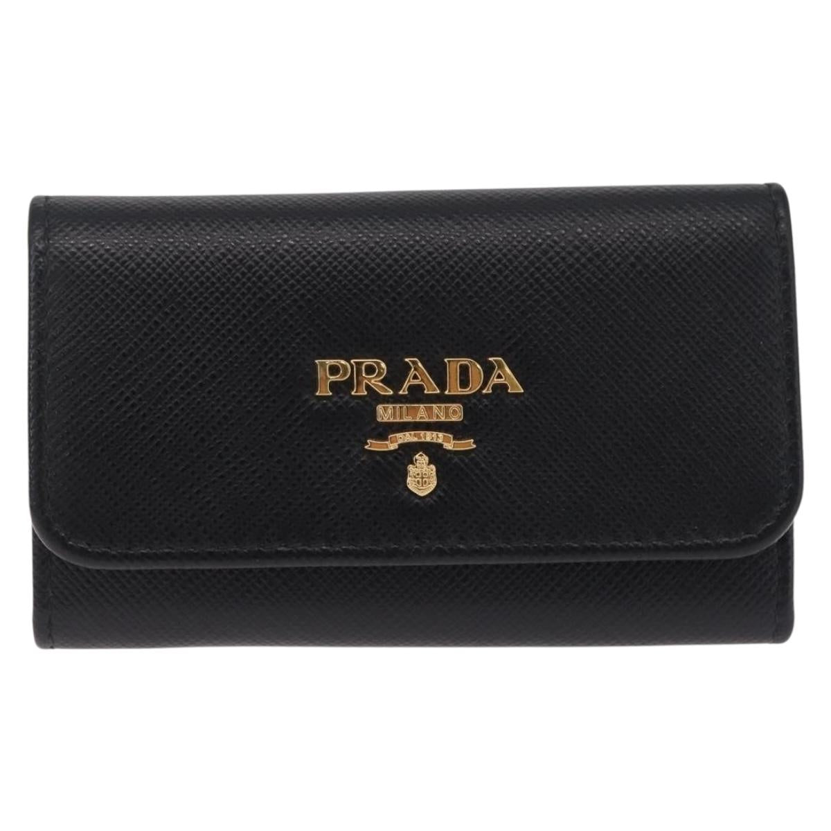 PRADA Key Case Safiano Leather Black Gold Auth 212121M