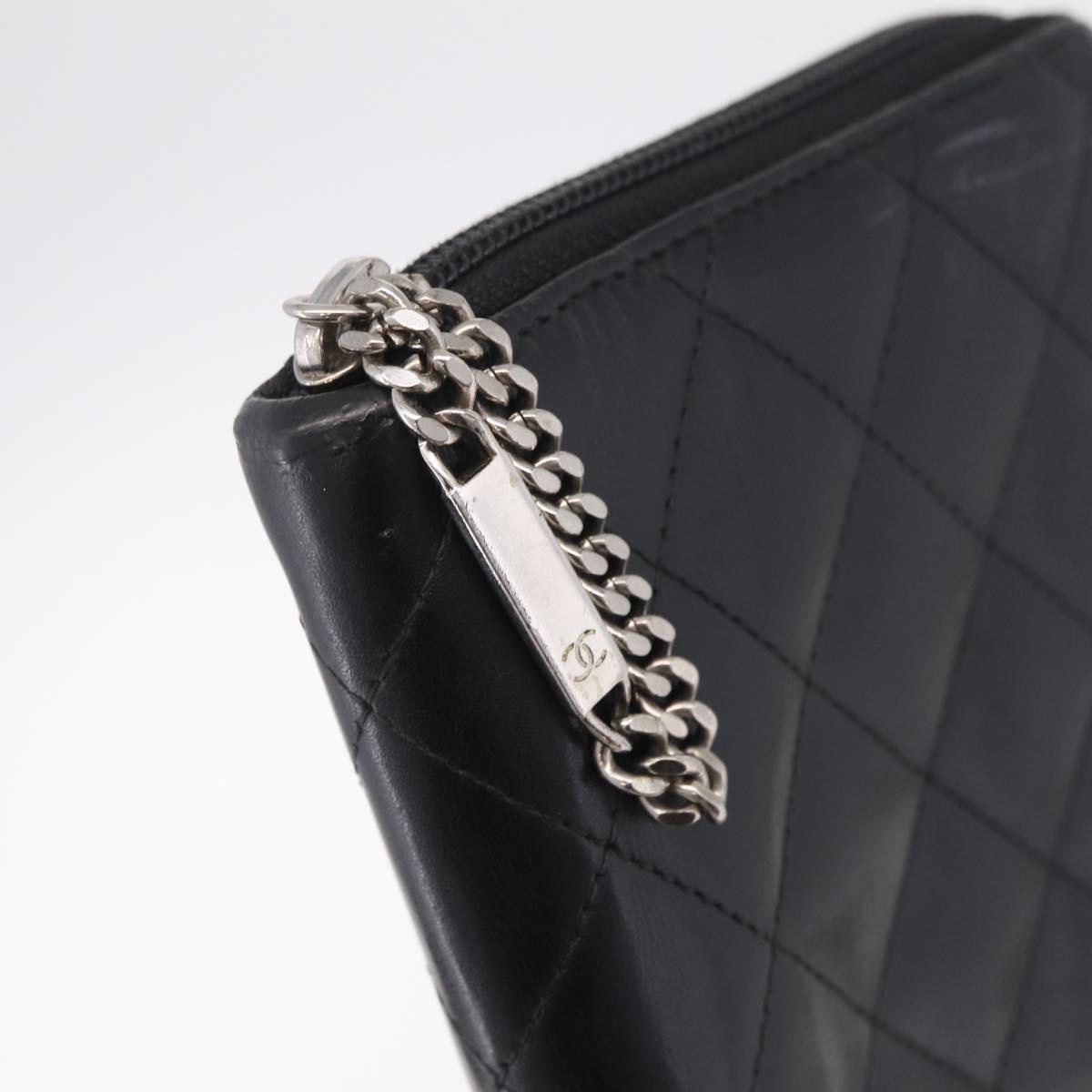 CHANEL Matelasse Cambon Line Long Wallet Lamb Skin Black Silver CC Auth 212124